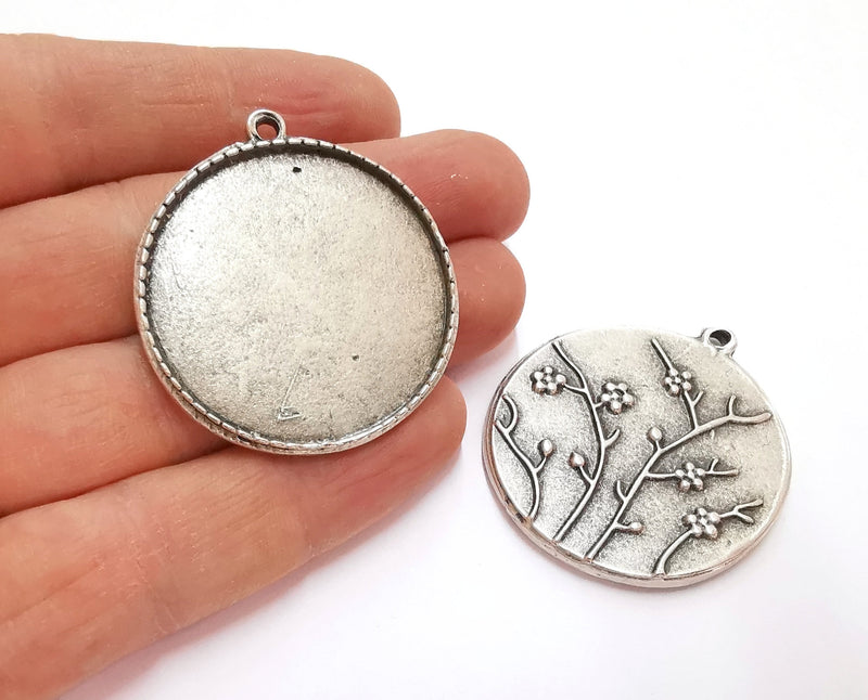 Branch Flower Pendants Blank Resin Bezel Mosaic Mountings Antique Silver Plated Pendant Cabochon (44x39mm)( 36 mm Bezel Inner Size)  G20863