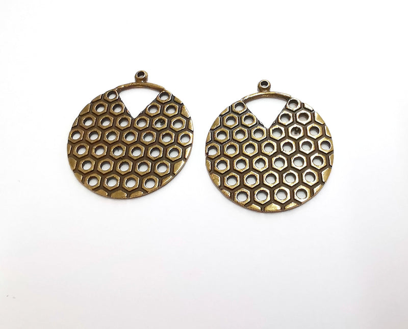 2 Honeycomb Charm Antique Bronze Plated Charm (38x33mm) G21183