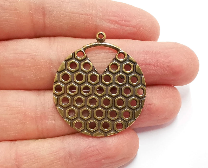 2 Honeycomb Charm Antique Bronze Plated Charm (38x33mm) G21183