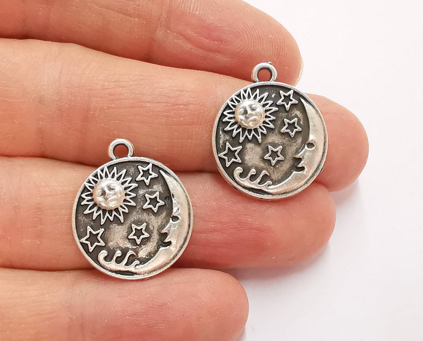 4 Sun Moon Stars Charms Antique Silver Plated Charms (22x19mm) G24909