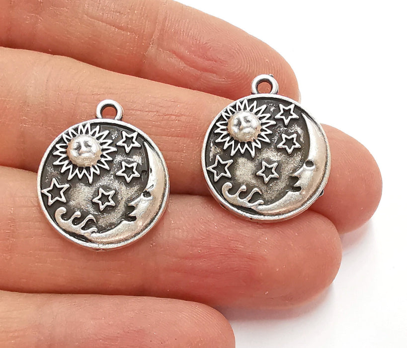 4 Sun Moon Stars Charms Antique Silver Plated Charms (22x19mm) G24909