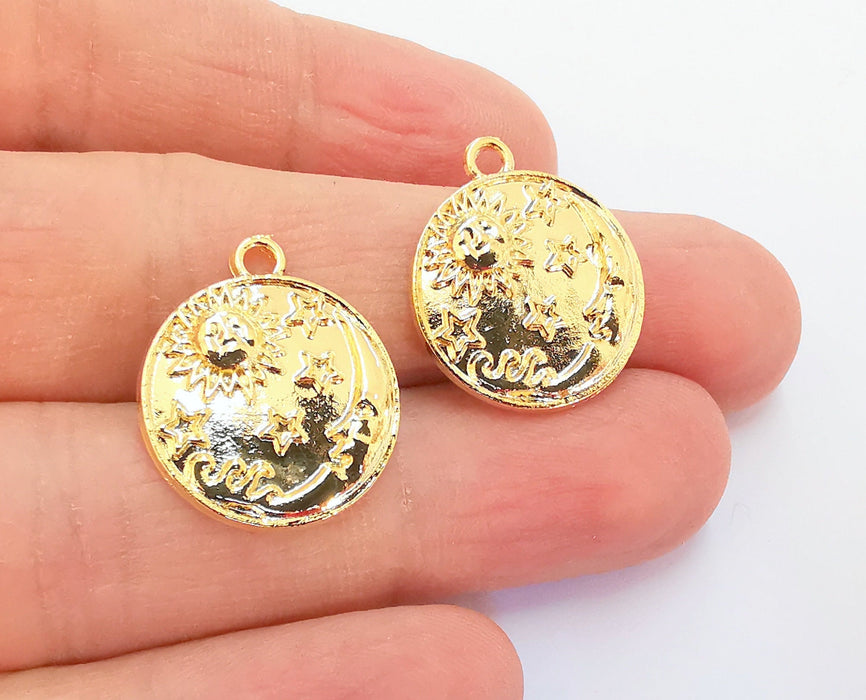 2 Moon Stars Sun Charms Shiny Gold Plated Charms (23x19mm)  G20869