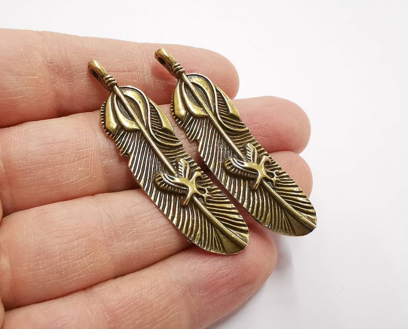 2 Feather Charms Antique Bronze Plated Charms (55x15mm)  G21212