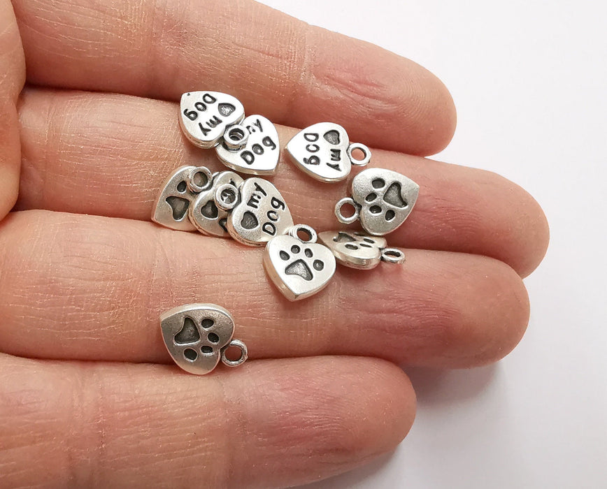 10 Heart Paw Print Double Sided (both sides are different) Charms Antique Silver Plated Charms (13x10mm) G21213