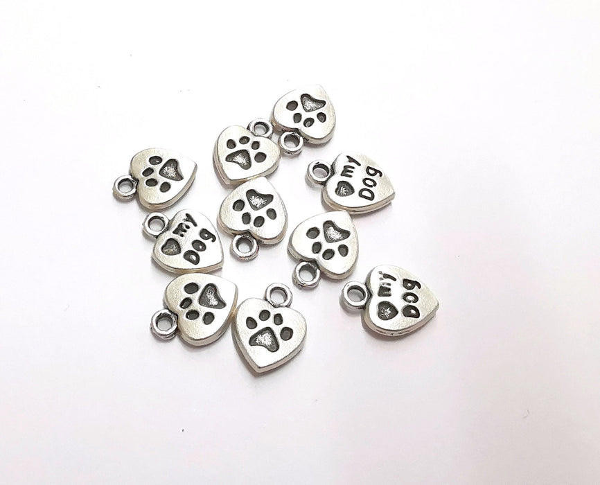 10 Heart Paw Print Double Sided (both sides are different) Charms Antique Silver Plated Charms (13x10mm) G21213