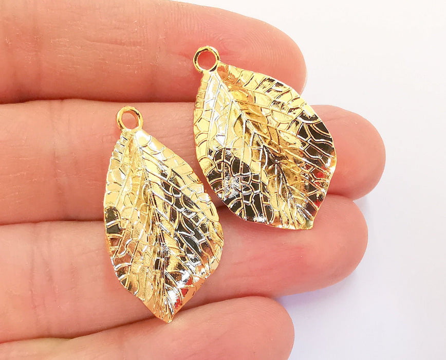 2 Leaf Charms Shiny Gold Plated Charms (34x20mm)  G22370