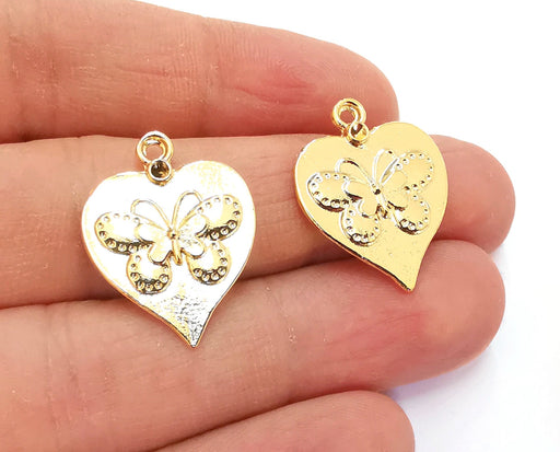 2 Heart Butterfly Charms Shiny Gold Plated Charms (25x20mm)  G20880