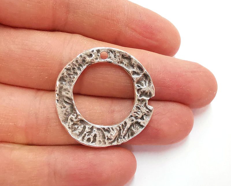 2 Organic Shape Circle Double Sided (Both Side Same) Antique Silver Plated Findings (32mm) G20891