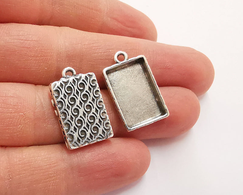 4 Charms Blank Bezel Resin Bezel Mosaic Mountings Antique Silver Plated Charms (24x14mm)( 18x12 mm Bezel Inner Size)  G20895