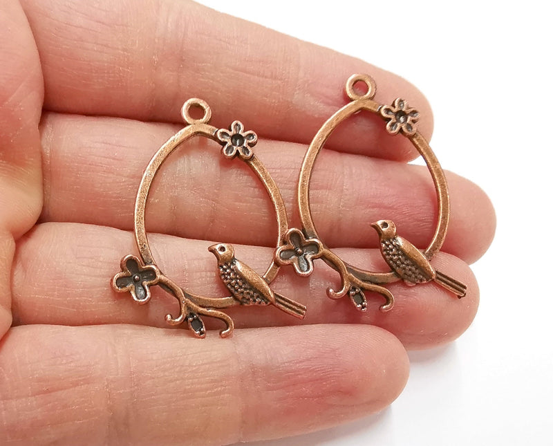 2 Bird Flower Charms Antique Copper Plated Charms (39x30mm)  G21291