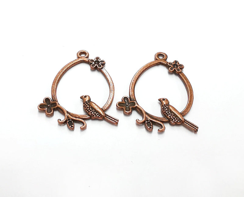 2 Bird Flower Charms Antique Copper Plated Charms (39x30mm)  G21291