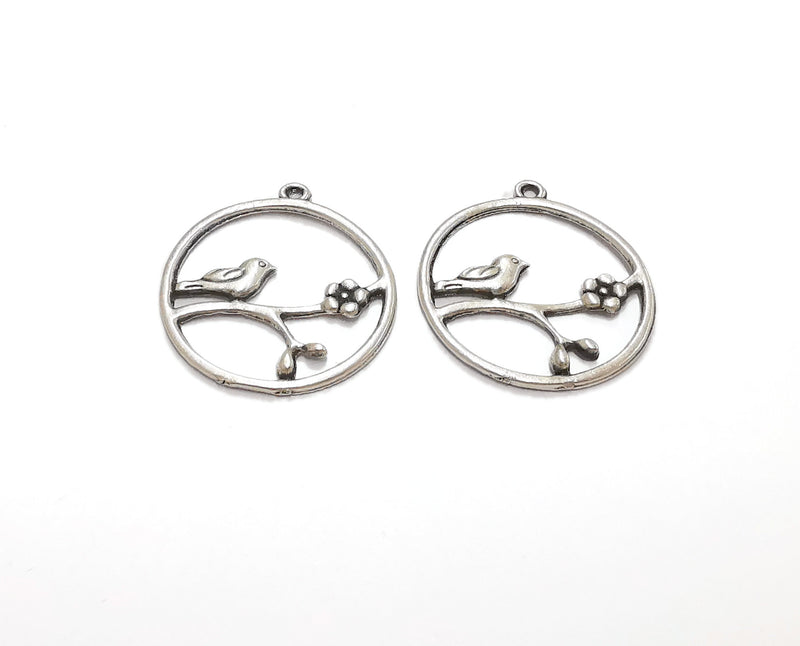 2 Bird Flower Charms Antique Silver Plated Charms (32x29mm)  G21294