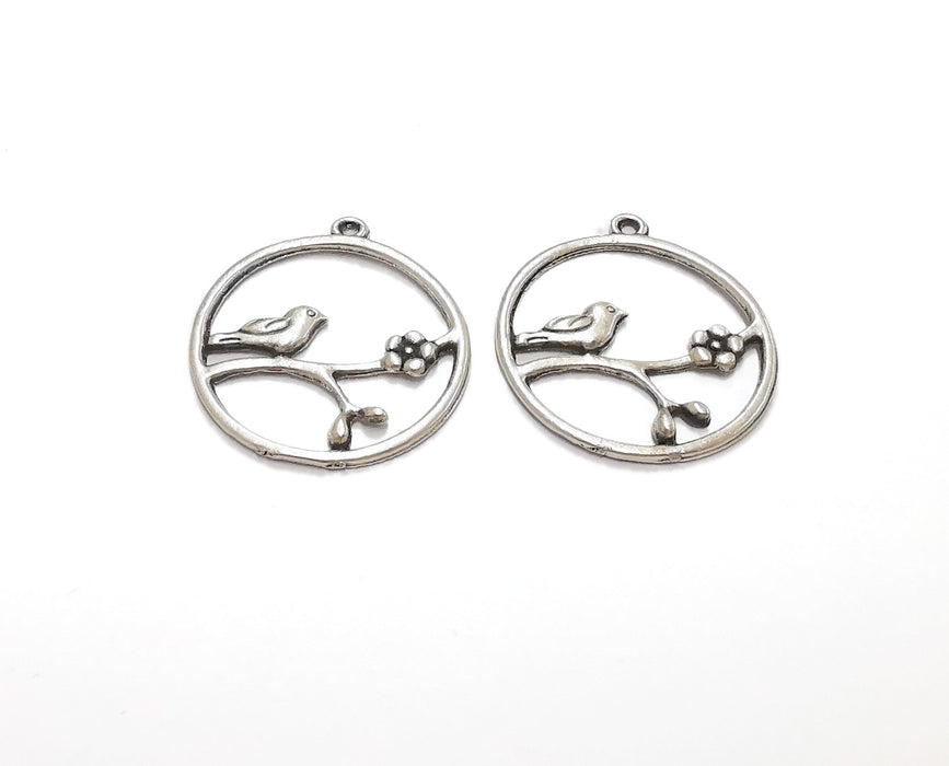 2 Bird Flower Charms Antique Silver Plated Charms (32x29mm)  G21294