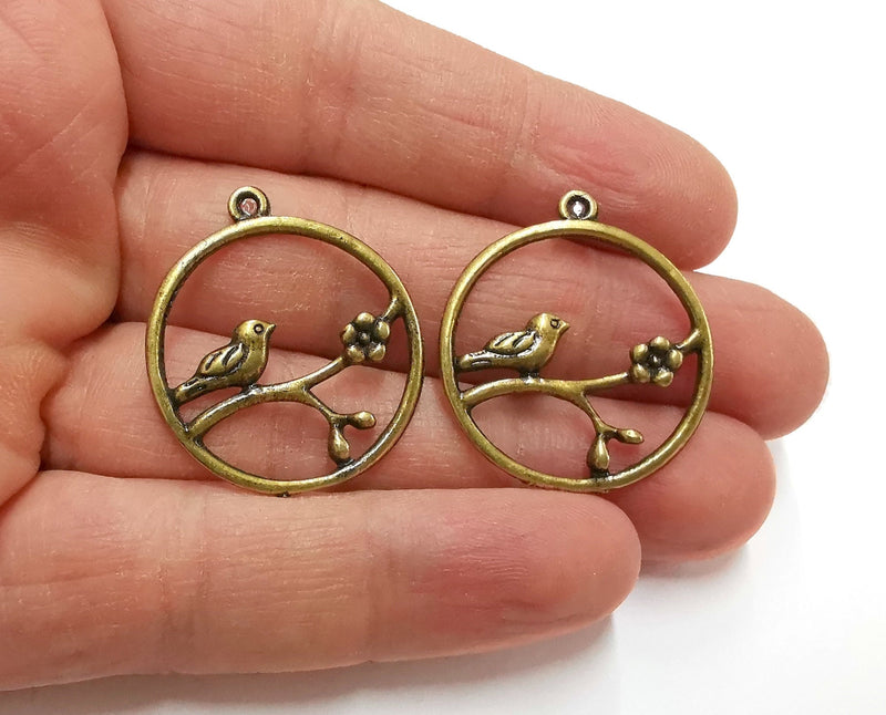 2 Bird Flower Charms Antique Bronze Plated Charms (32x29mm)  G21296