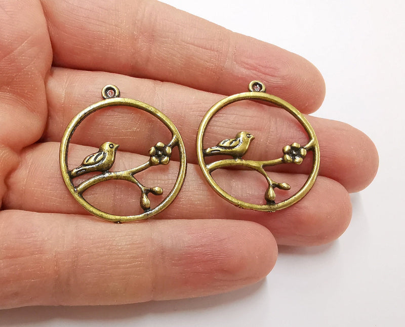 2 Bird Flower Charms Antique Bronze Plated Charms (32x29mm)  G21296