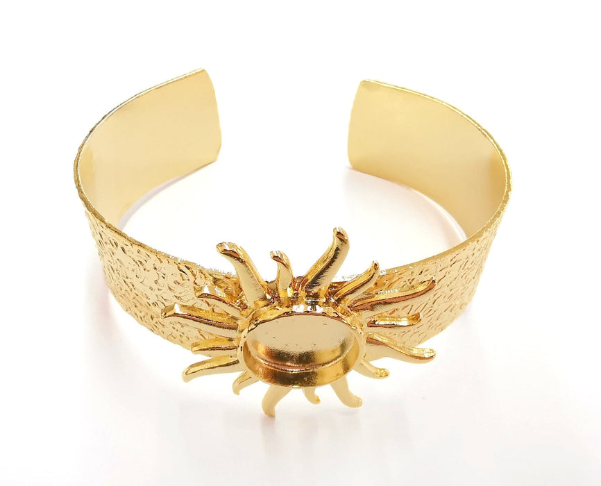 Sun Bracelet Blank Resin Bangle Dry Flower inlay Blank Cuff Bezel Glass Cabochon Base Textured Adjustable Shiny Gold Plated (16mm ) G20935