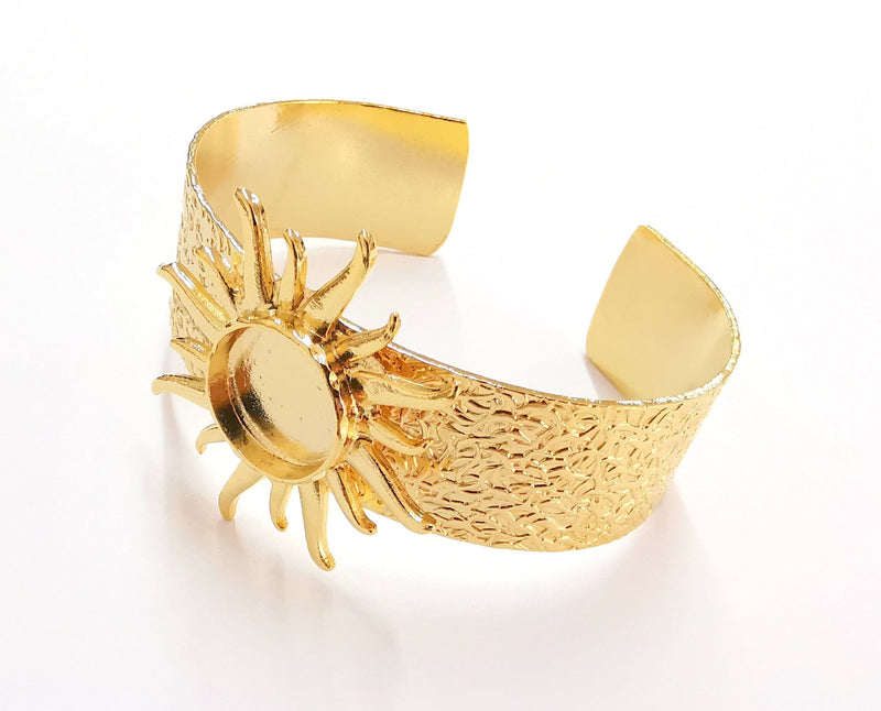 Sun Bracelet Blank Resin Bangle Dry Flower inlay Blank Cuff Bezel Glass Cabochon Base Textured Adjustable Shiny Gold Plated (16mm ) G20935