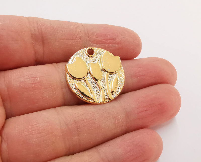 2 Flowers Charms Shiny Gold Plated Charms (24mm)  G21320
