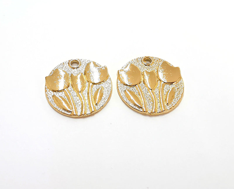 2 Flowers Charms Shiny Gold Plated Charms (24mm)  G21320