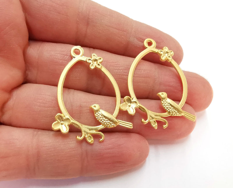 2 Bird Flower Charms Gold Plated Charms (39x30mm)  G21324