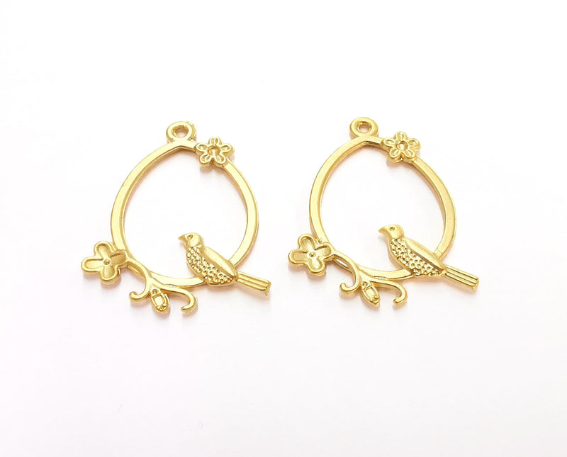 2 Bird Flower Charms Gold Plated Charms (39x30mm)  G21324