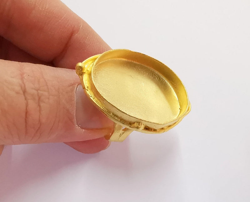 Ring Blank Setting Textured Base Bezel inlay Ring Backs Glass Cabochon Mounting Adjustable Gold Plated (30x22mm bezel ) G20951