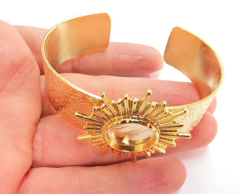 Sun Bracelet Blank Resin Bangle Dry Flower inlay Blank Cuff Bezel Glass Cabochon Base Textured Adjustable Shiny Gold Plated (16mm ) G20952