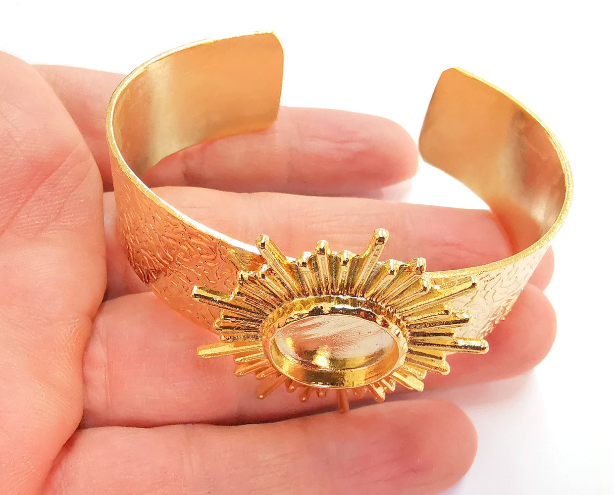 Sun Bracelet Blank Resin Bangle Dry Flower inlay Blank Cuff Bezel Glass Cabochon Base Textured Adjustable Shiny Gold Plated (16mm ) G20952