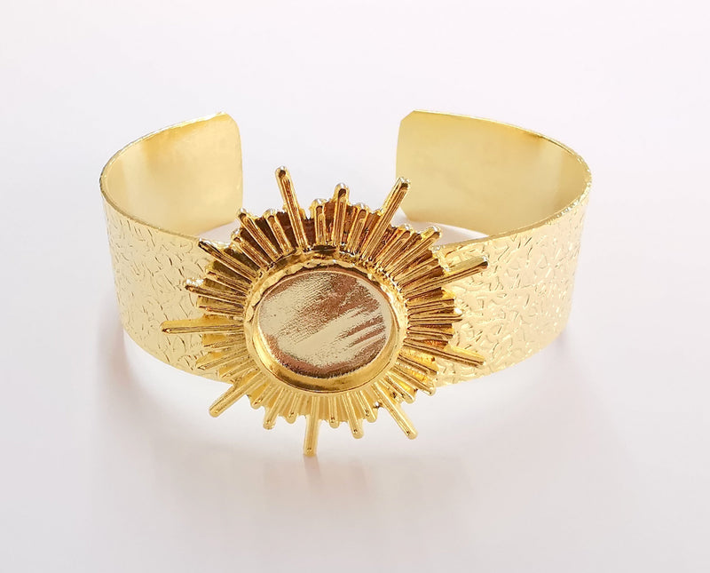 Sun Bracelet Blank Resin Bangle Dry Flower inlay Blank Cuff Bezel Glass Cabochon Base Textured Adjustable Shiny Gold Plated (16mm ) G20952