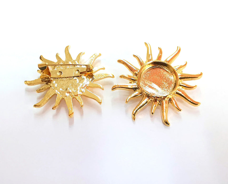 Sun Brooch Holders Pin Brooch Blanks Brooch Bezel Shiny Gold Plated Brooch Pin Findings  (16mm Bezel size)  G20953