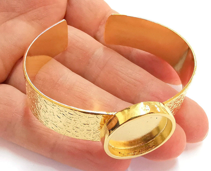 Bracelet Blank Resin Bangle Dry Flower inlay Blank Cuff Bezel Glass Cabochon Base Textured Adjustable Shiny Gold Plated (22mm ) G20955