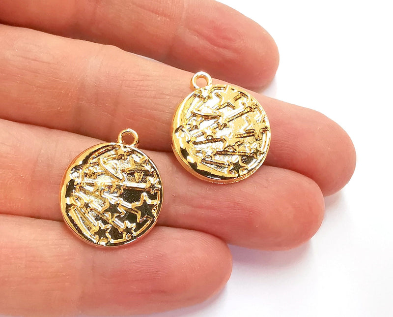 2 Crescent Moon Stars Charms Shiny Gold Plated Charms (22x19mm) G20956