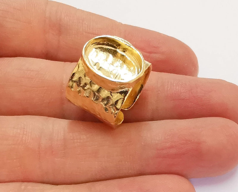 Gold Ring Settings Blank Hammered inlay Ring Mosaic Ring Bezel Base Cabochon Mountings Adjustable (14x10mm blank ) Shiny Gold Brass G20982