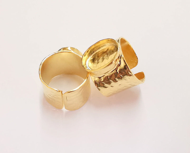 Gold Ring Settings Blank Hammered inlay Ring Mosaic Ring Bezel Base Cabochon Mountings Adjustable (14x10mm blank ) Shiny Gold Brass G20982
