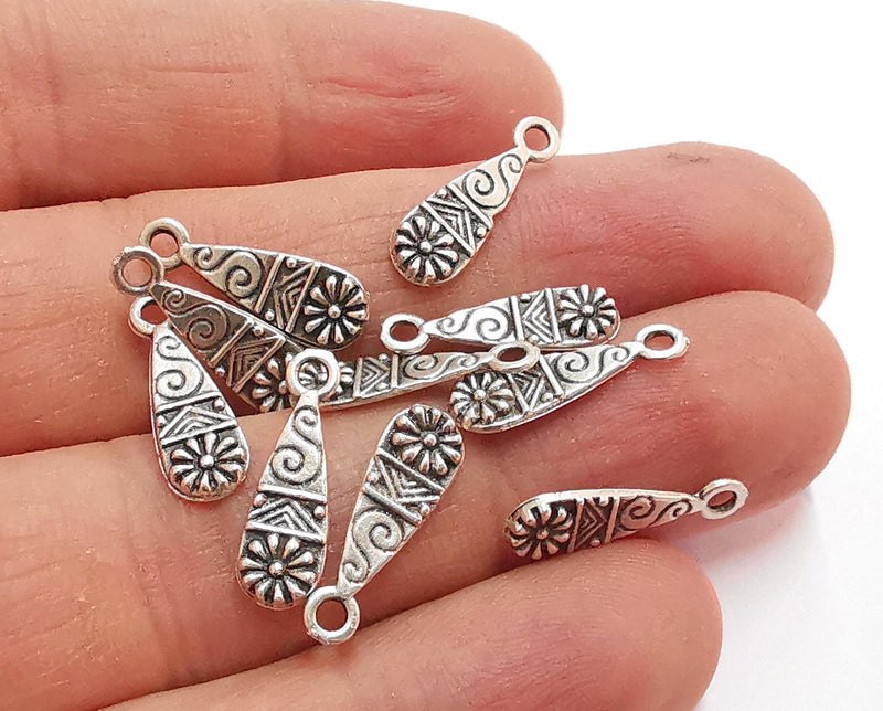 20 Flower Charms Antique Silver Plated Charms (18x6mm) G21012