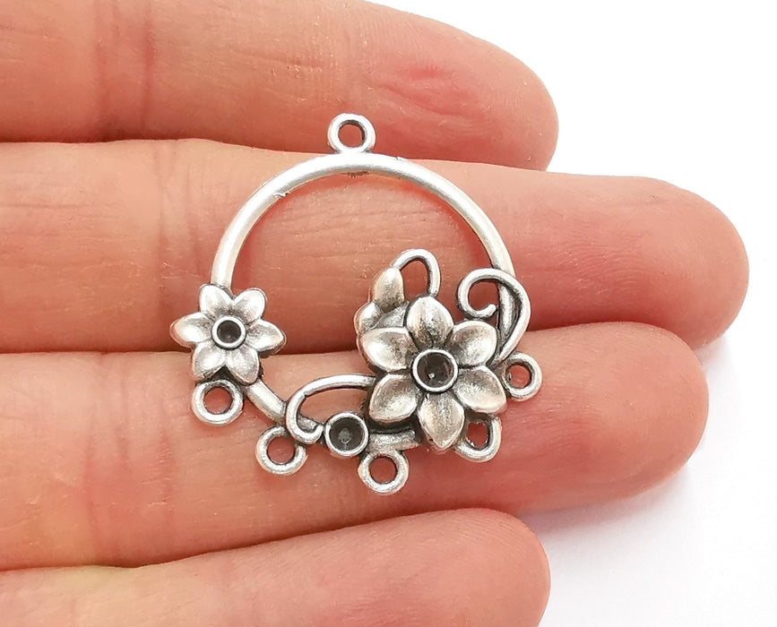 2 Flowers Charms Connector Antique Silver Plated Charms (35x32mm)  G21052