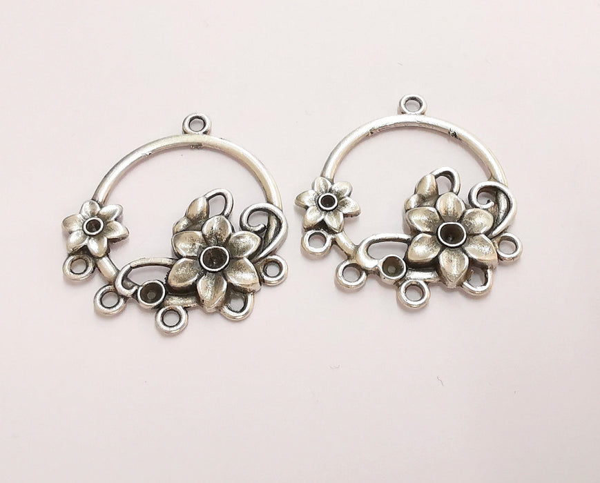 2 Flowers Charms Connector Antique Silver Plated Charms (35x32mm)  G21052