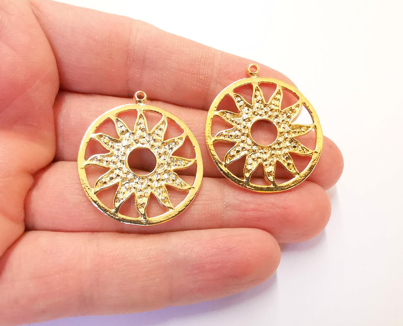 2 Sun Charms Shiny Gold Plated Charms (36x32mm)  G21366