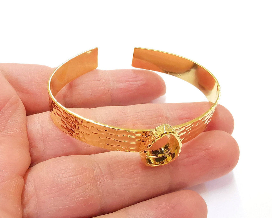 Bracelet Blank Resin Bangle Dry Flower inlay Blank Cuff Bezel Glass Cabochon Base Hammered Adjustable Shiny Gold Plated (14x10mm ) G21367