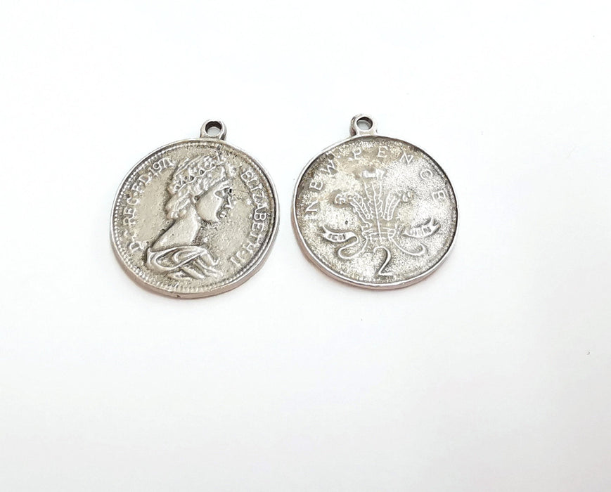 2 Coin Charms Antique Silver Plated Charms  (27x23 mm)  G25068