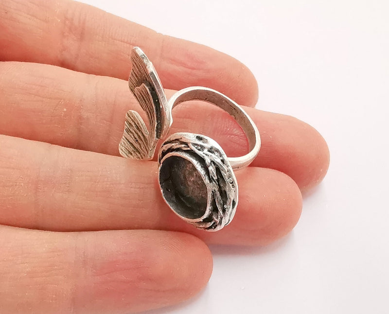 Flower Silver Ring Setting Blank Cabochon Ring Mounting Adjustable Ring Base Bezel (13 mm)Antique Silver Plated Brass  G21098