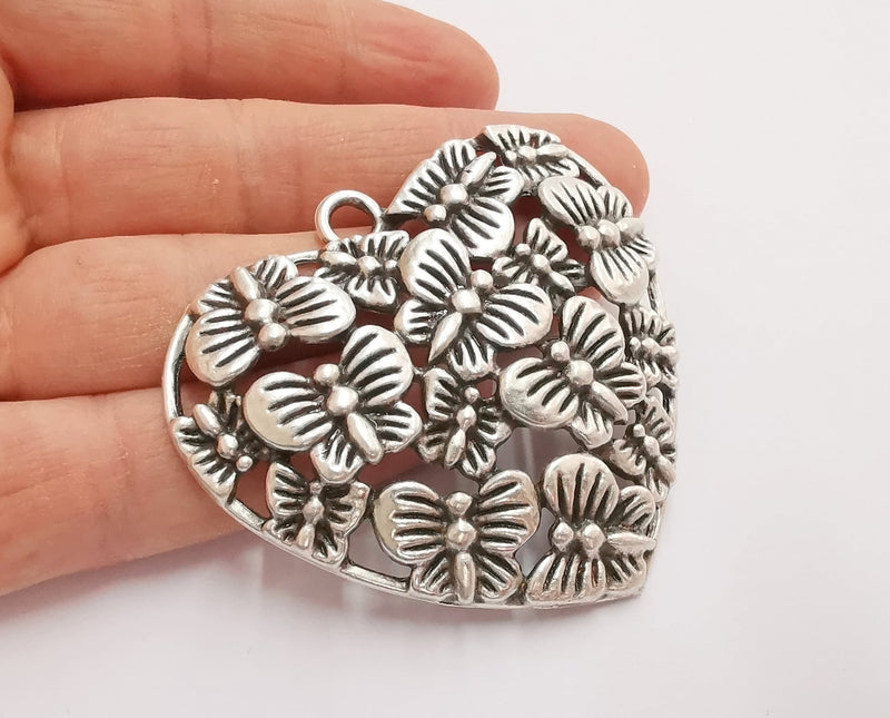 Heart Butterfly Pendant Antique Silver Plated Pendant (66x60mm)  G21100