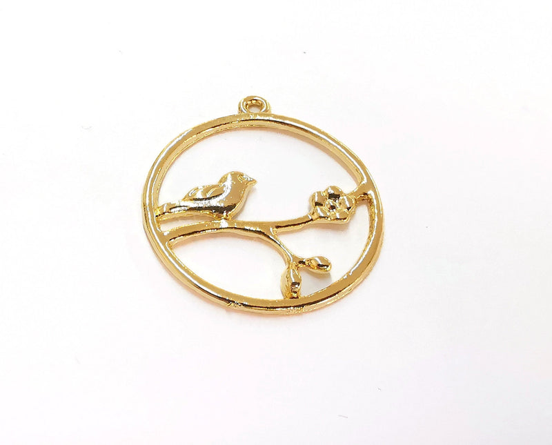 2 Bird Flower Charms Shiny Gold Plated Charms (32x29mm)  G21383