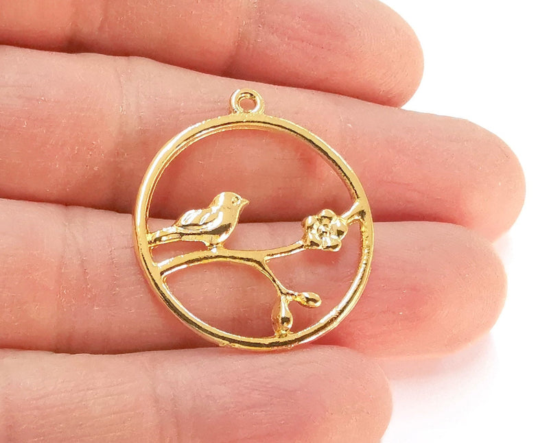 2 Bird Flower Charms Shiny Gold Plated Charms (32x29mm)  G21383
