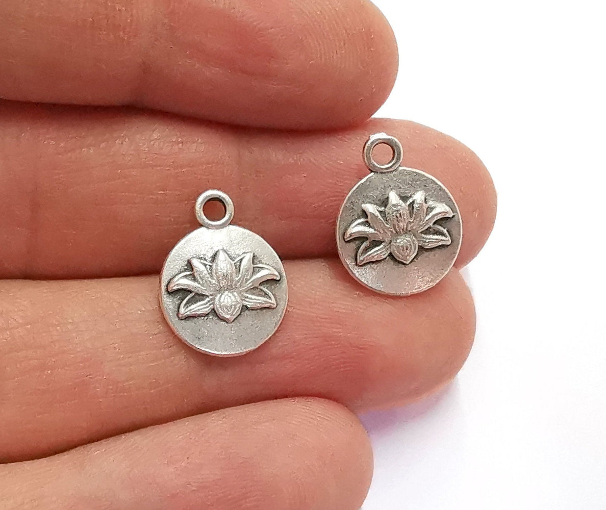 10 Lotus Charms (Double Sided)(Both Side Same) Flower Charms Antique Silver Plated Charms (16x12mm)  G21113