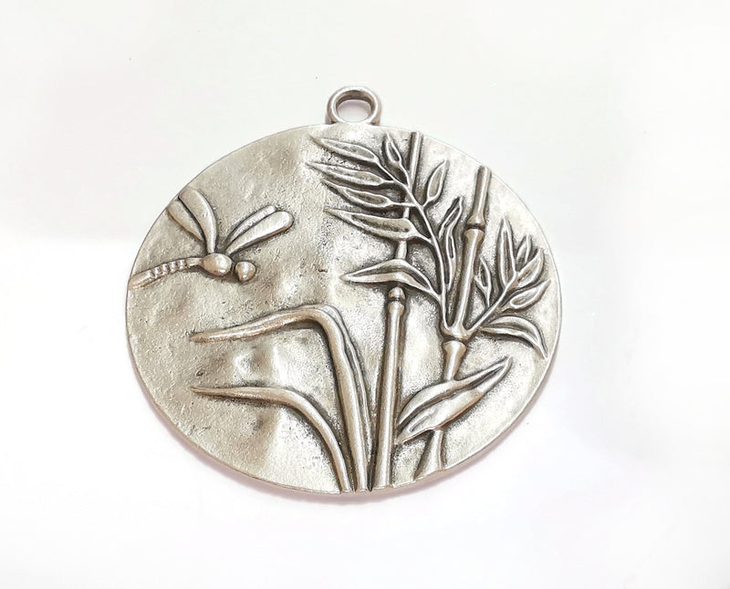 Dragonfly Plant Pendant Antique Silver Plated Pendant (67x60mm)  G21127
