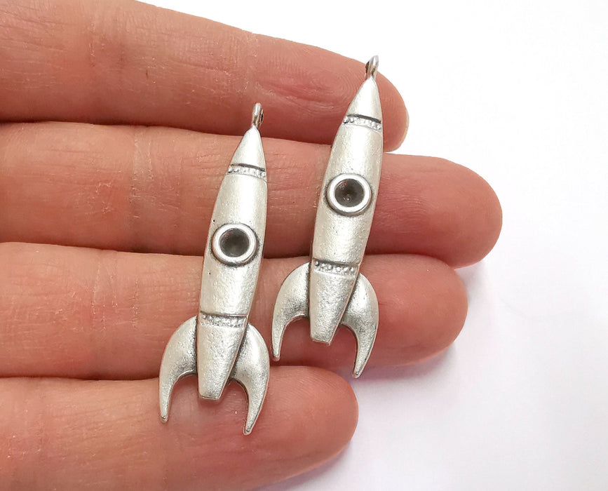 2 Rocket Charms Bezel Antique Silver Plated Charms (49x15mm) G26603