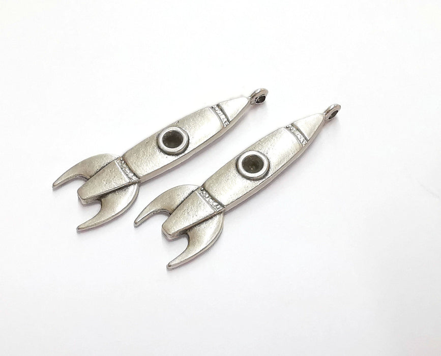 2 Rocket Charms Bezel Antique Silver Plated Charms (49x15mm) G26603