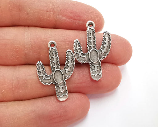 4 Cactus Charms Bezel Antique Silver Plated Charms (30x19mm)  G21168