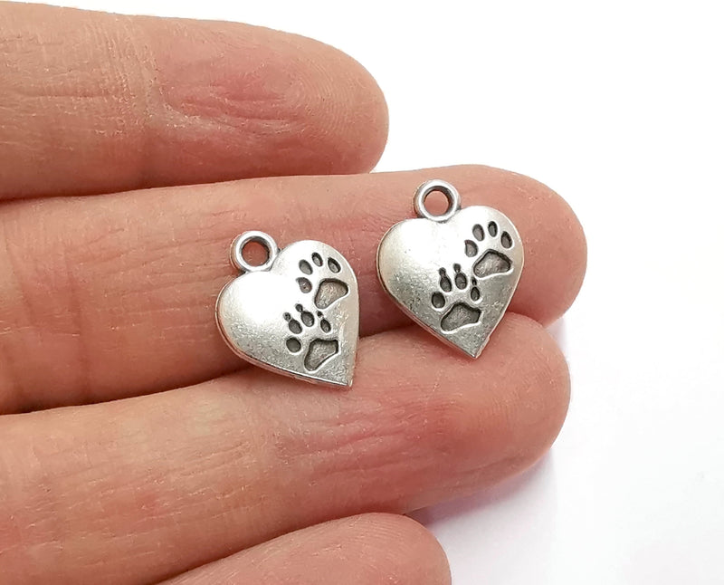 10 Heart Paw Print Charms Antique Silver Plated Charms (17x13mm) G21200